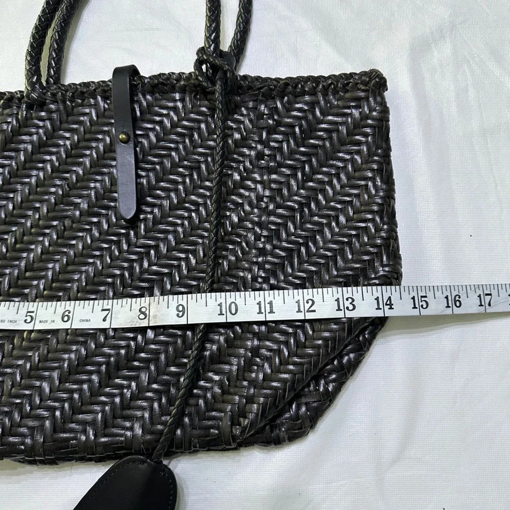 Handcrafted Woven Leather Tote Bag Dark Brown Braided Handles Market Basket Boho